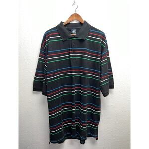Deff Polo Shirt Y2K Striped Black Green Blue Short Sleeve Collared Tee 2000s 2XL
